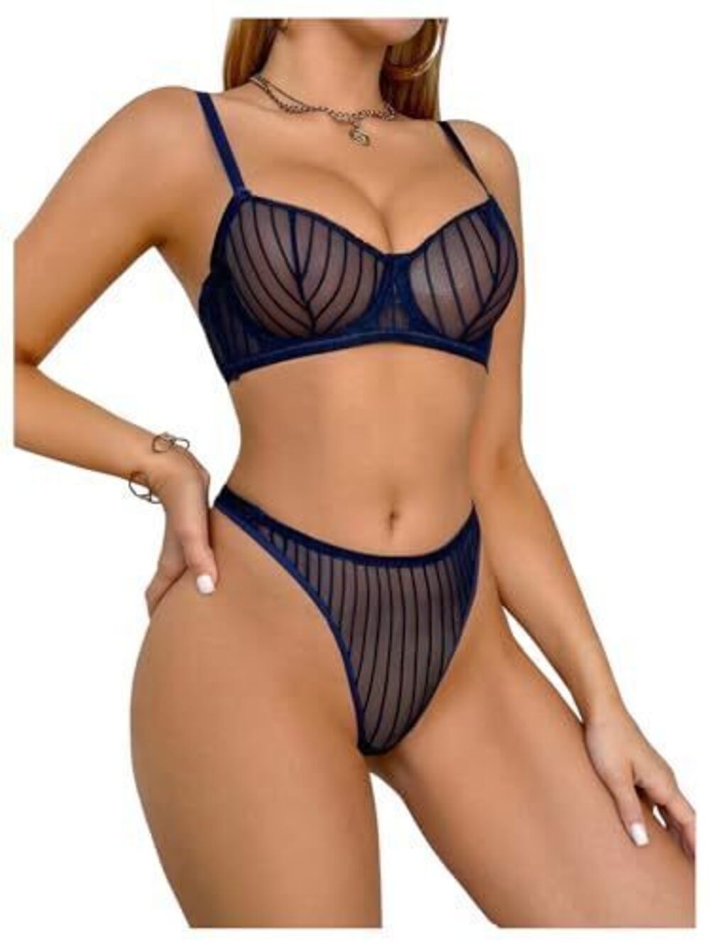 5422 2 Piece Mesh Lingerie Sheer Wireless Bra and Mid Rise Thong Set Pure